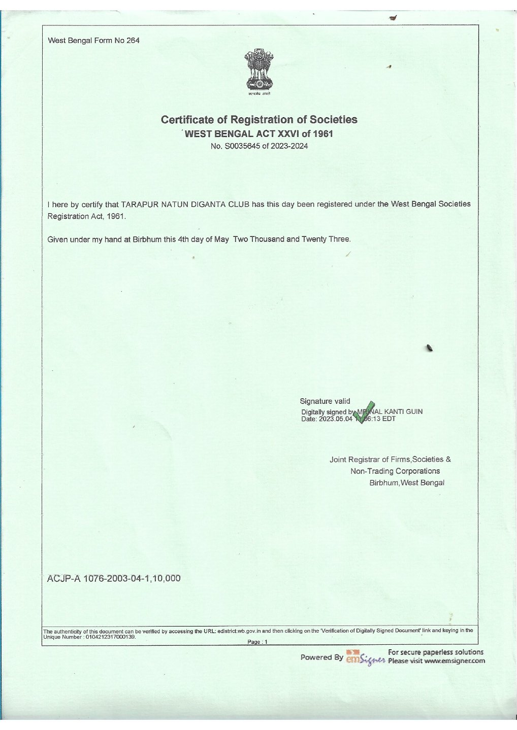 Registration certificate